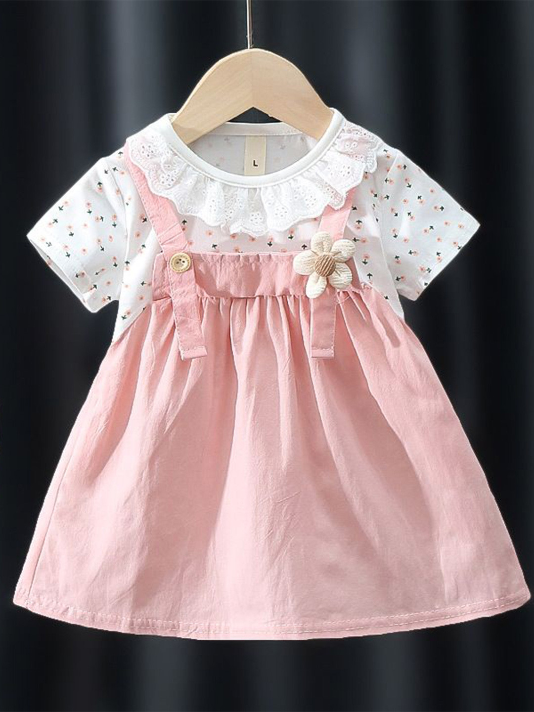 YK Self Design Round Neck Short Sleeves Knee Length Lace Inserts A-Line Dress