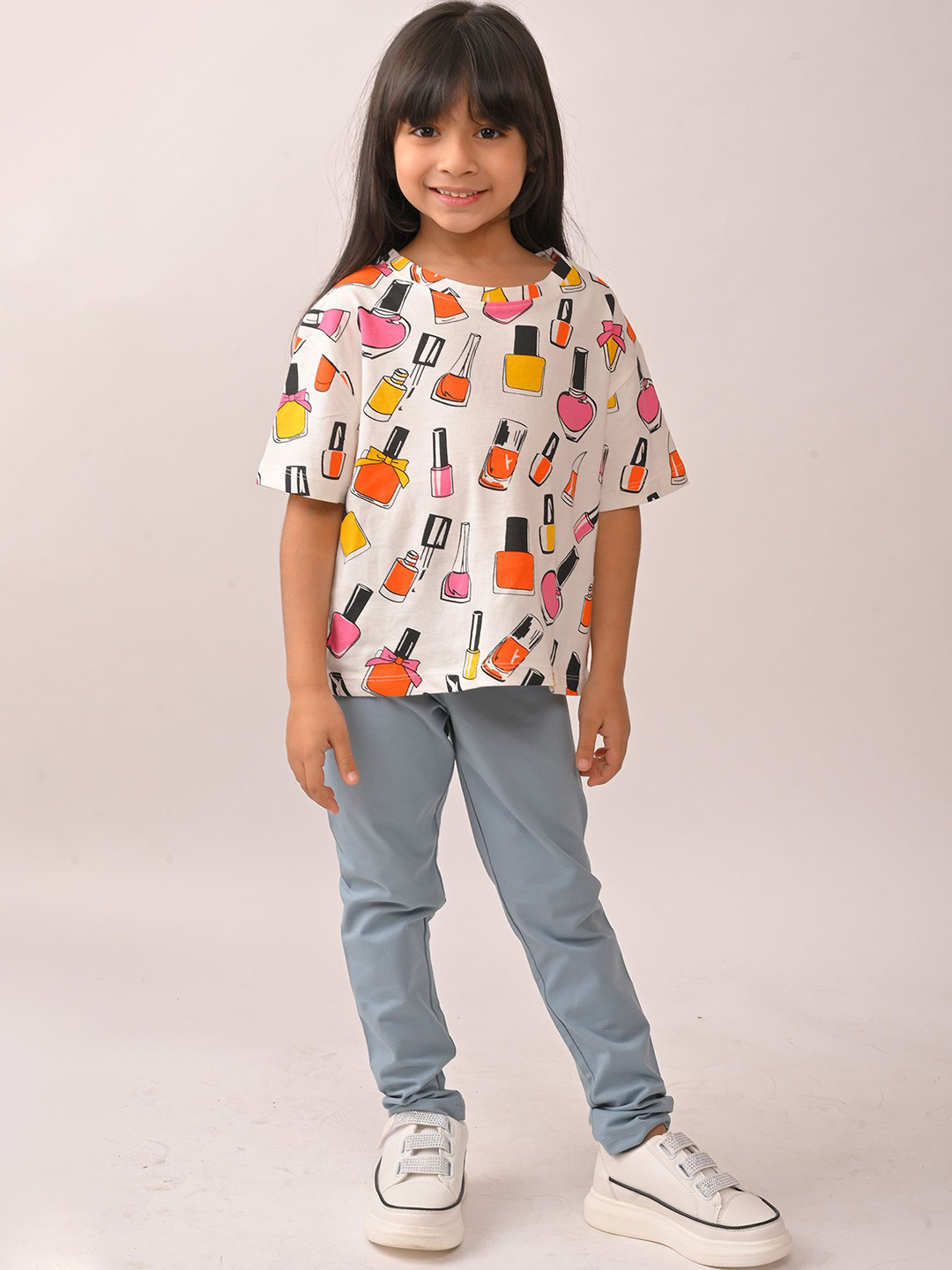 Anthrilo kids Girls Summer Nail Paint Printed Round Neck T-shirt Leggings Clothing Set