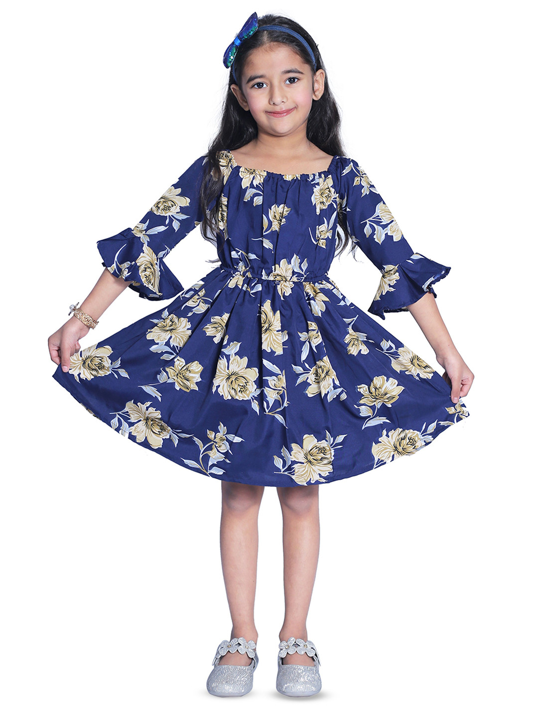 Wow Princess Girls Floral Printed Bell Sleeve Crepe Fit and Flare Dress