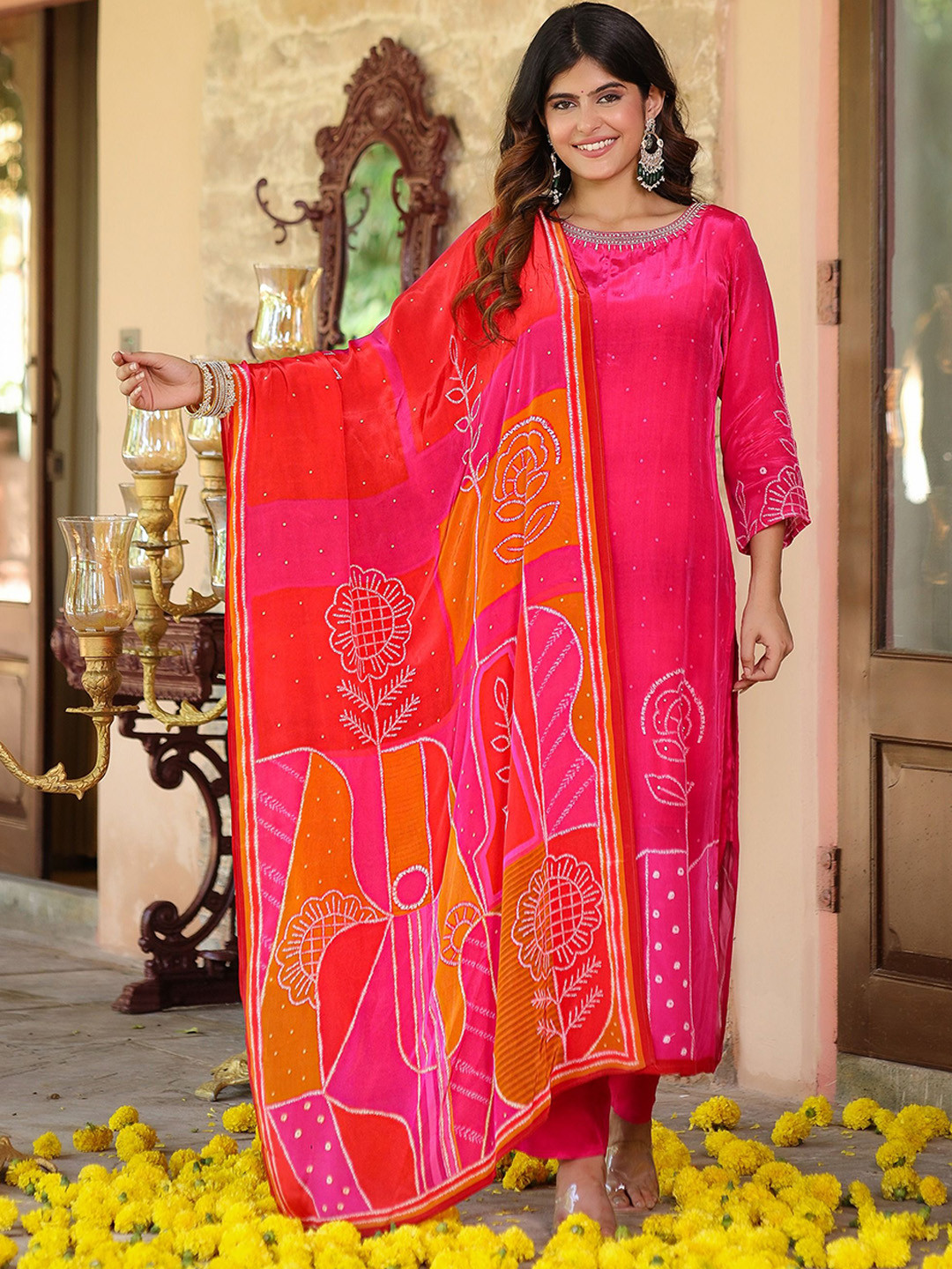 HOUSE OF MORA Floral Printed Beads and Stones Boat Neck Kurta with Trousers & Dupatta