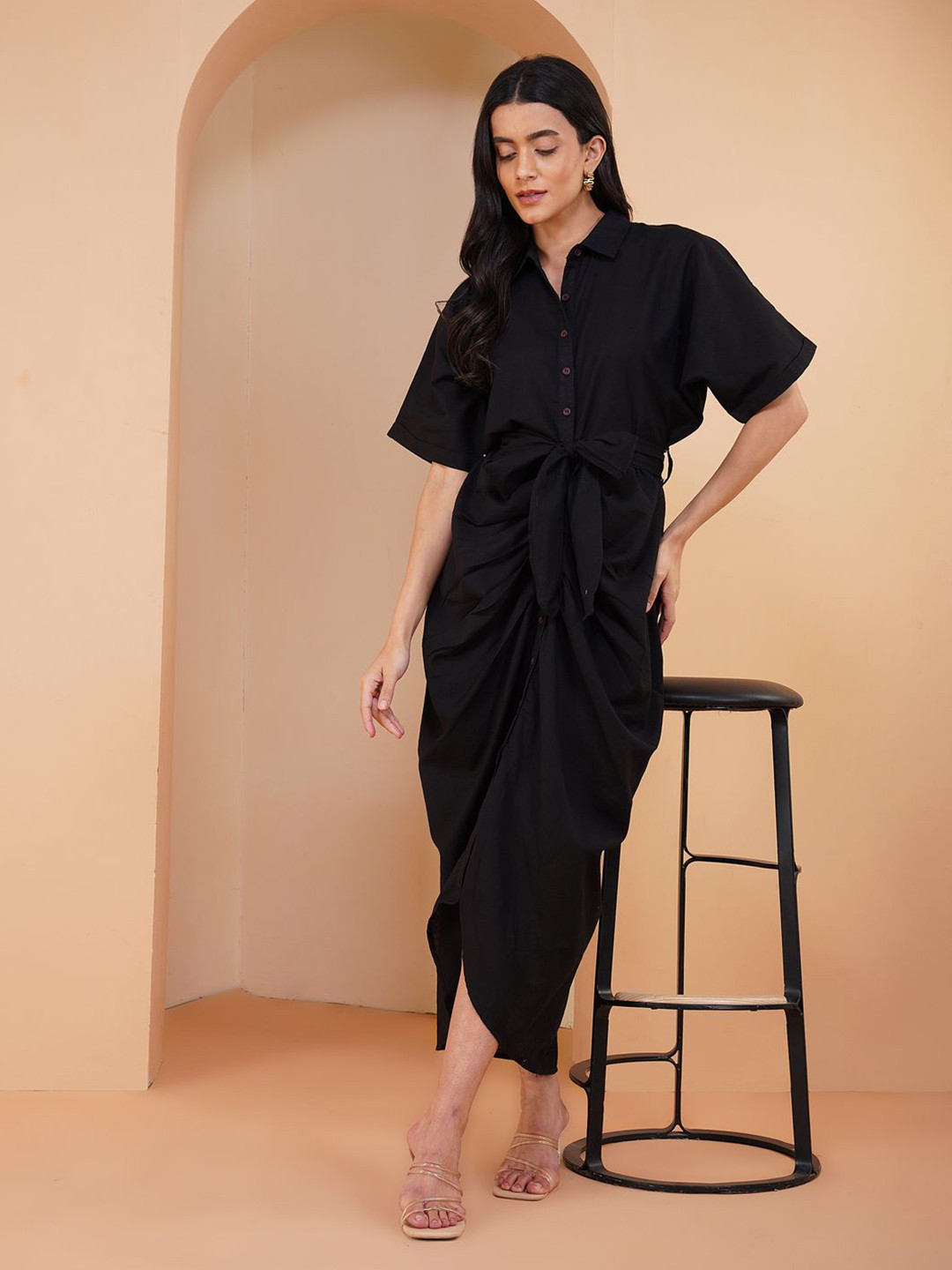 Stitchinc Women shirt dress with Belt and drapes detail in the bottom