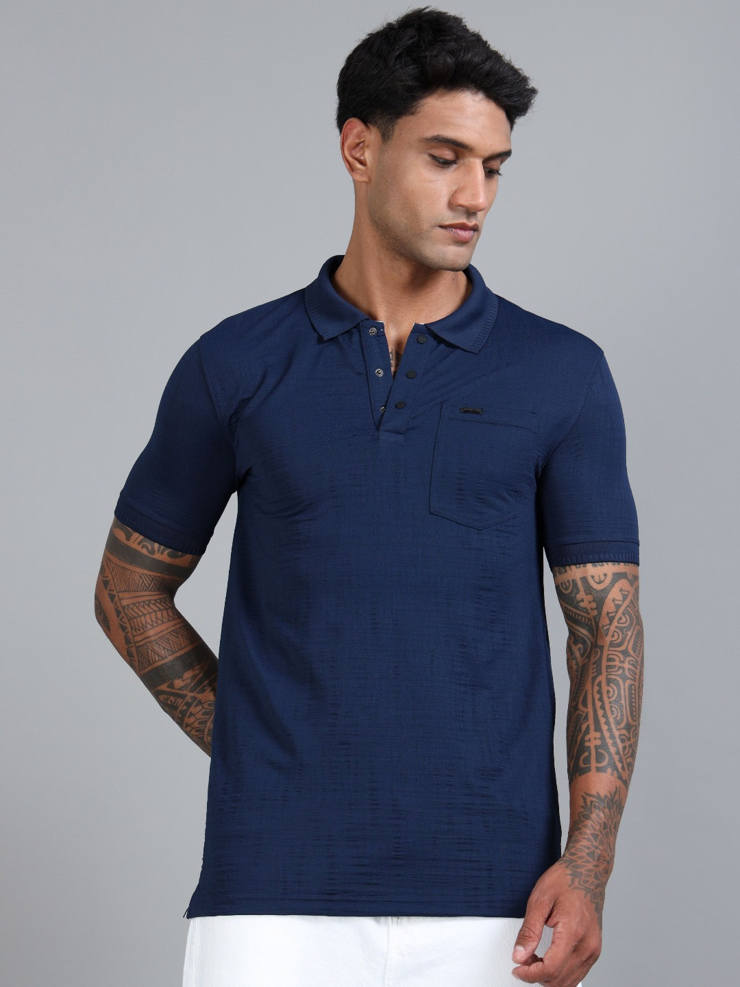 BLUE ARC Men Self Design Polo Collar Cotton T-shirt