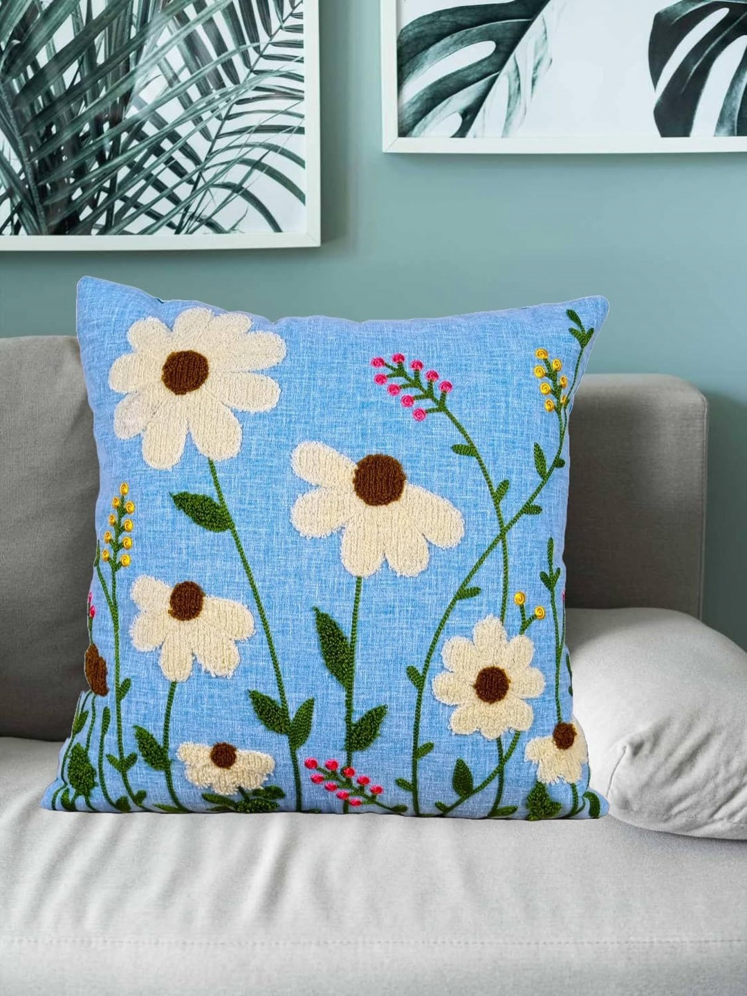 MONKDECOR Blue & Cream Floral Embroidered Linen Square Cushion Covers