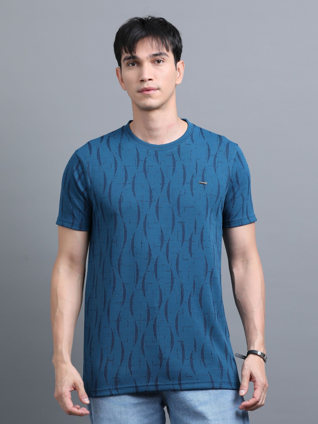 BLUE ARC Men Abstract Printed Round Neck Cotton T-shirt