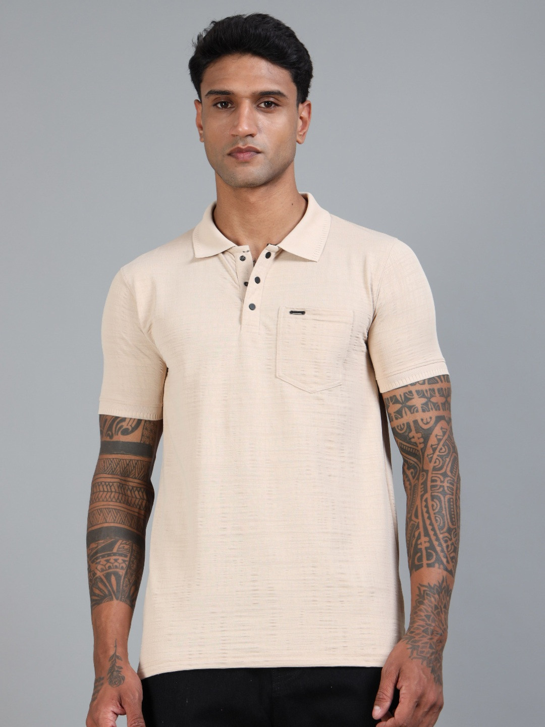 BLUE ARC Men Self Design Polo Collar Cotton T-shirt