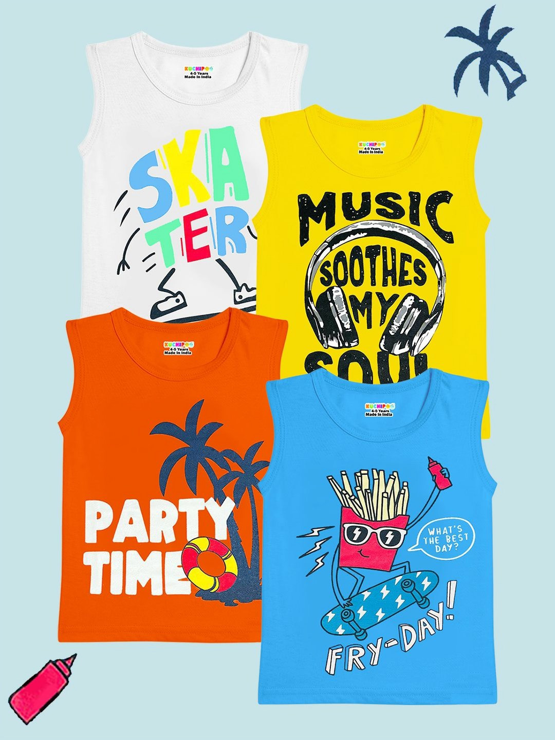 KUCHIPOO Boys Pack of 4 Graphic Printed Round Neck Cotton Regular Fit T-shirts