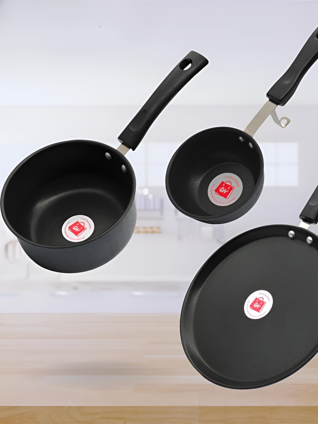 LAZYwindow Black 3 Pieces Stainless Steel Nonstick Tadka With Souce Pan & Tawa