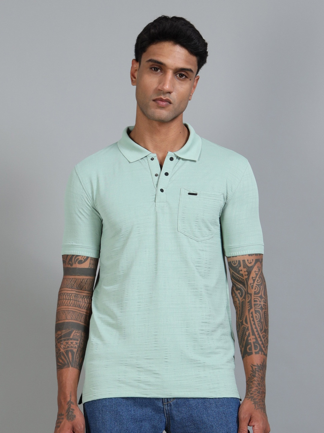 BLUE ARC Men Self Design Polo Collar Cotton T-shirt