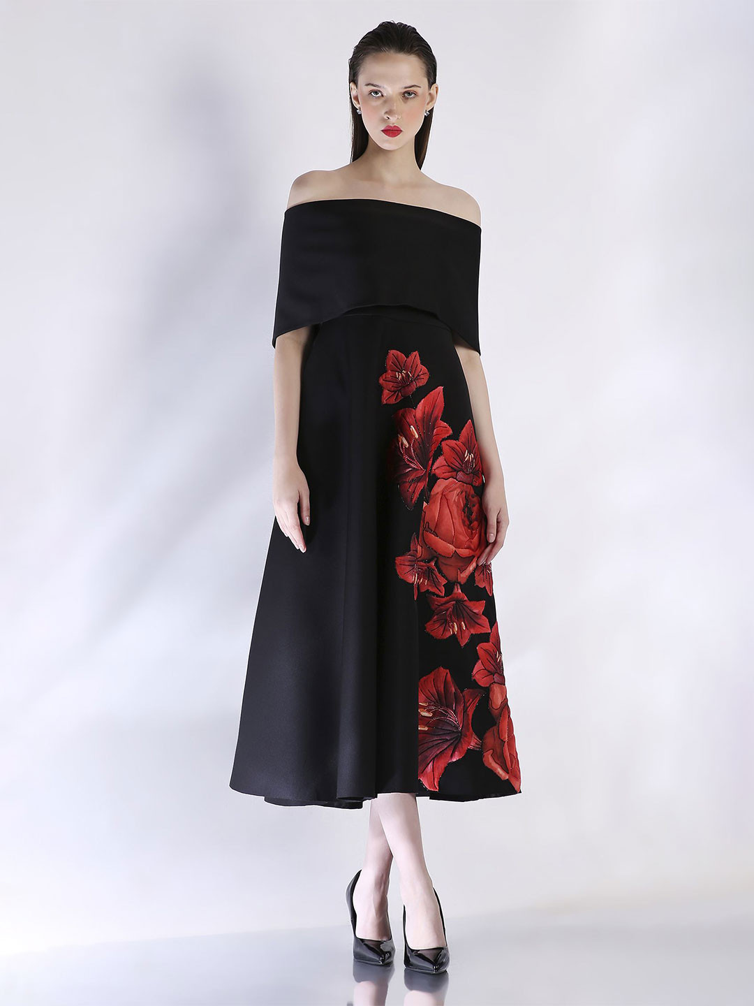 OZEQO Scuba Formal Fit & Flare Off-Shoulder Midi Dress