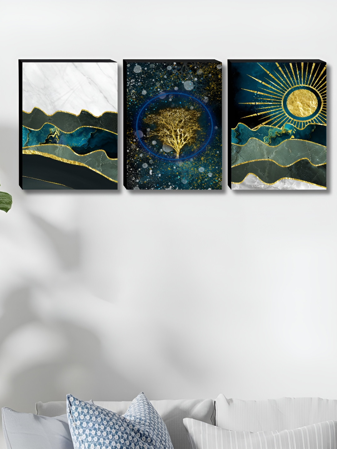 Aura Blue & White 3 Pieces Wooden Tree & Sun Wall Paintings