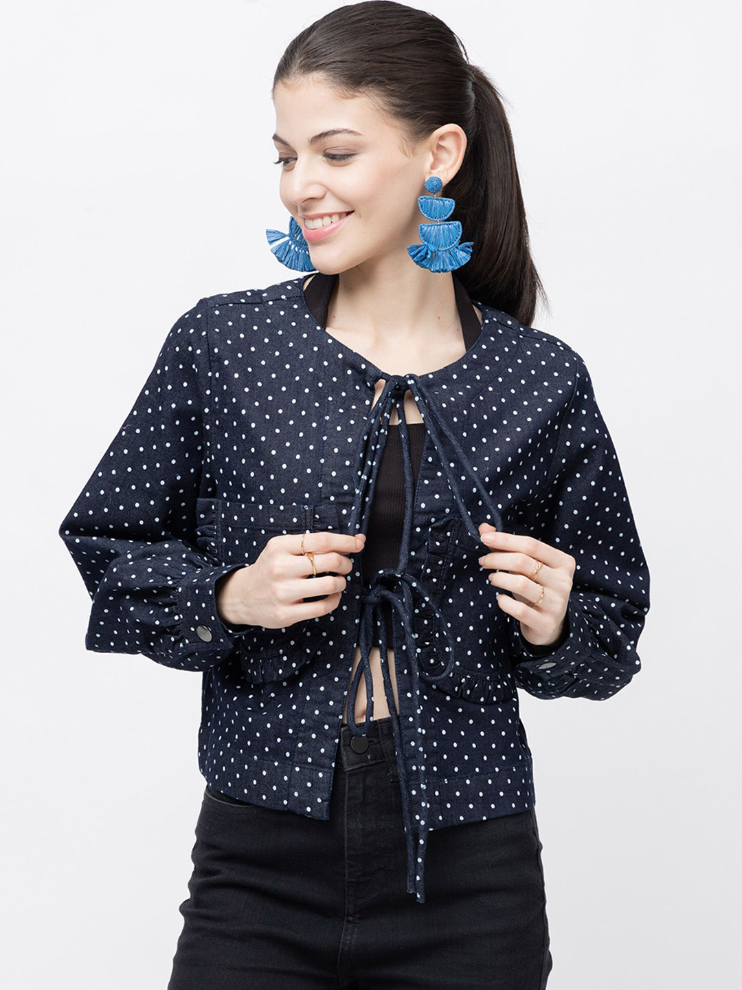 7OUNCE Women Lightweight Polka Dot Denim Jacket