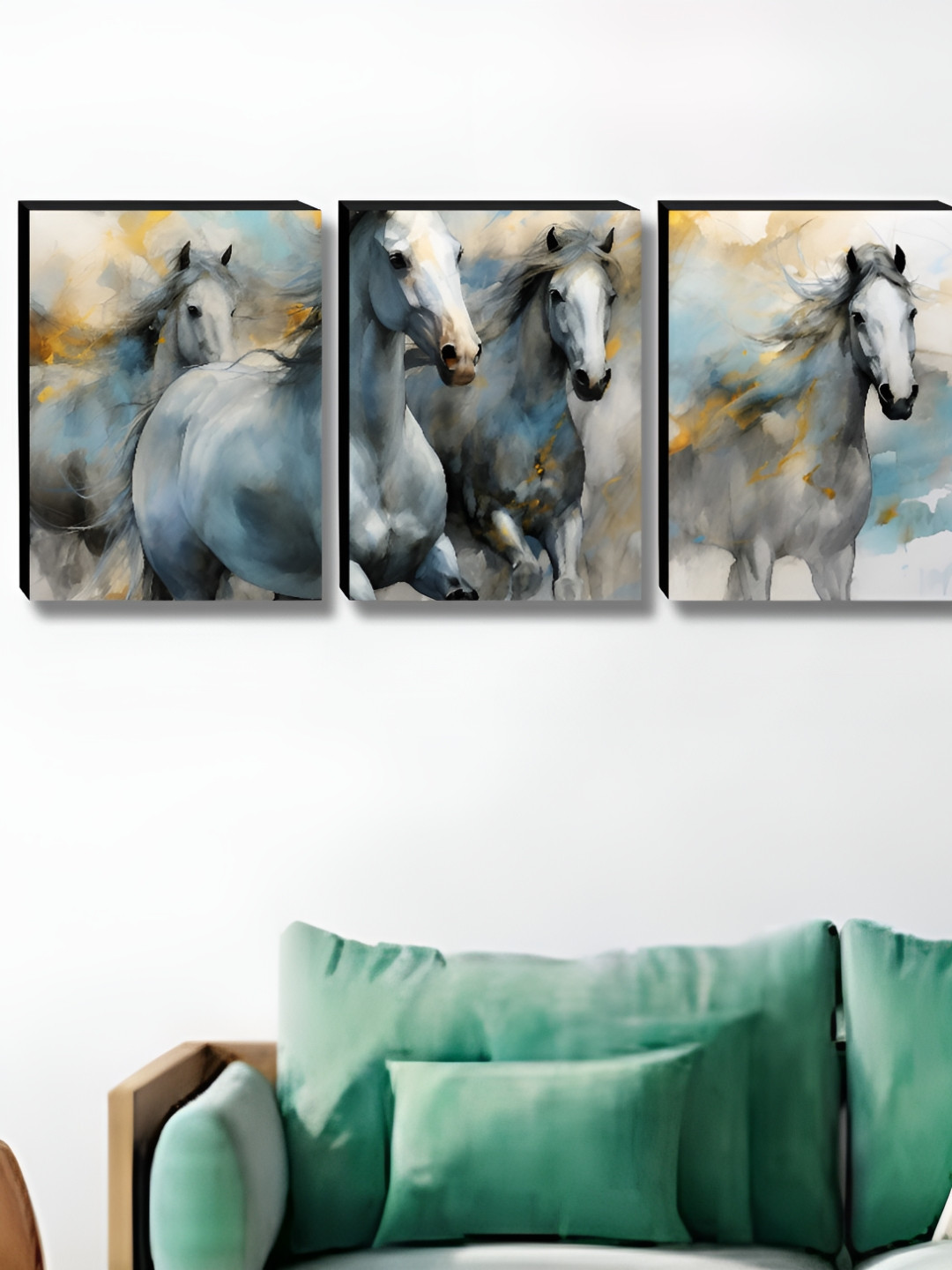 SAF Horse Wood 3 Piece Wall Rectangle Paintings Wall Art - 27 x 12In