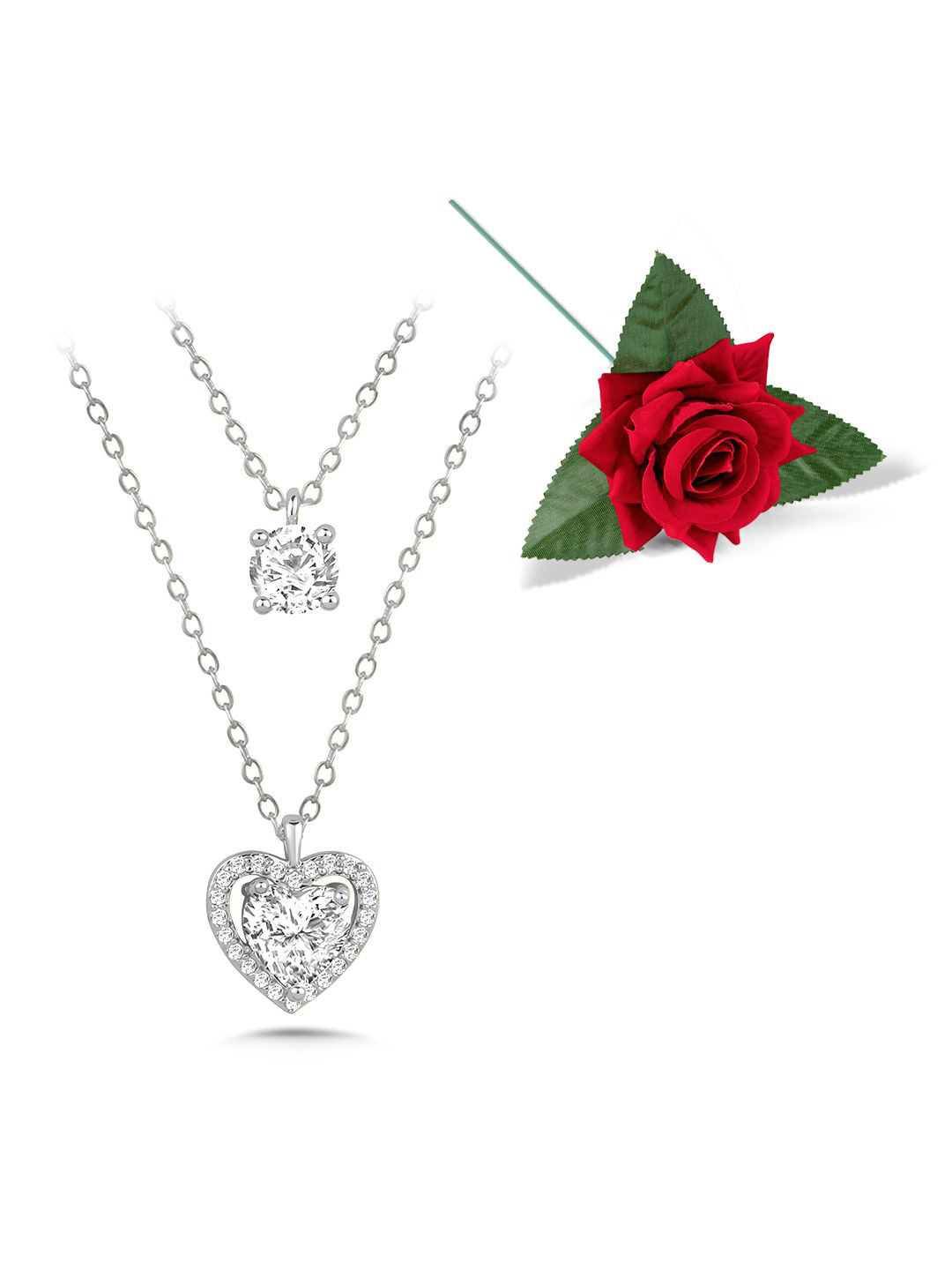 Peora Silver-Plated CZ Studded & Heart Shaped Minimal Chain With Red Rose