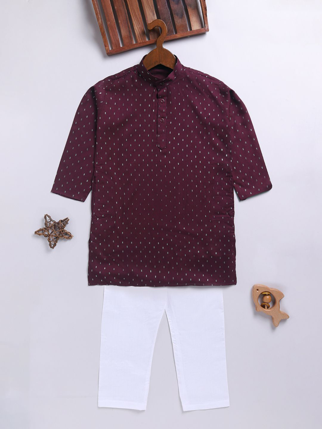 JBN Creation Boys Ethnic Motifs Printed Mandarin Collar Straight Kurta With Pyjamas