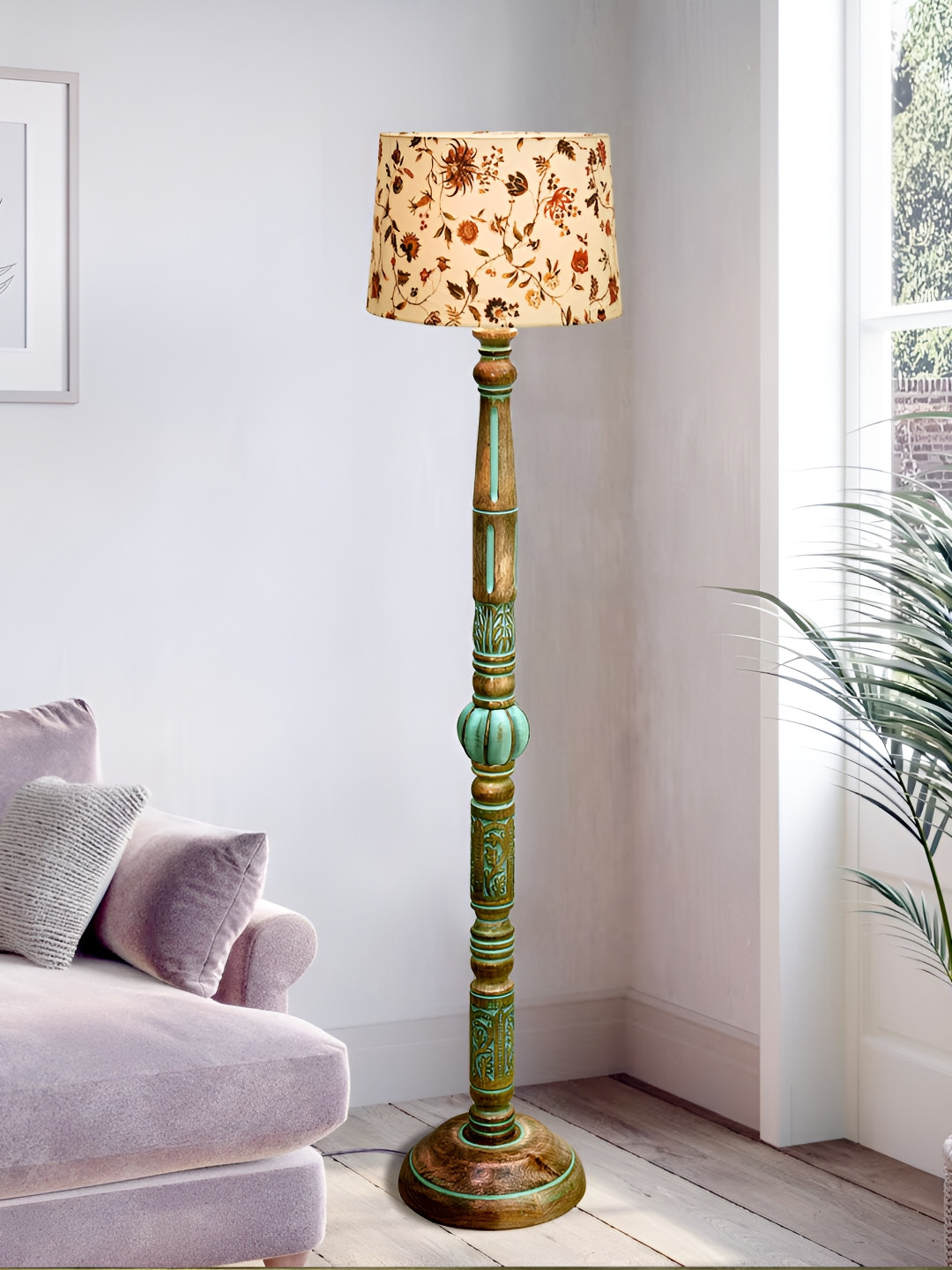 Homesake Royal Carving Beige Printed Antique Algae Finish Wooden Floor Lamp With Shade