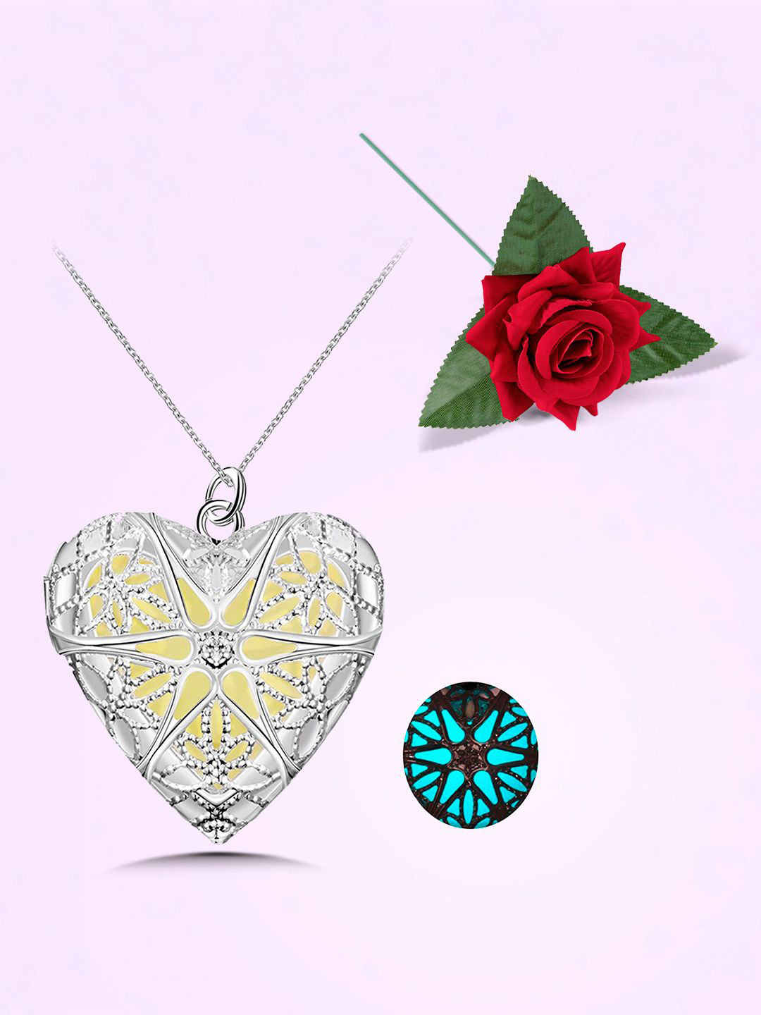 Peora Silver-Plated Cubic Zirconia-Studded Heart-Shaped Pendant With Chain And Rose