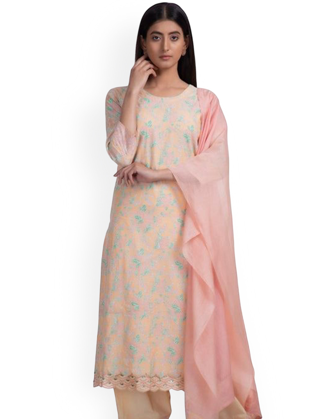 Chhaya Mehrotra Floral Printed Chanderi Cotton Straight Kurta With Salwar & Dupatta