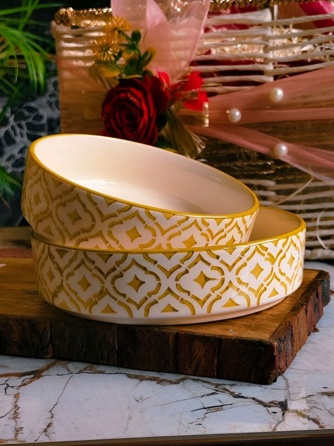 NIYARA White & Yellow 2 Pieces Printed Glossy Ceramic Salad Bowls