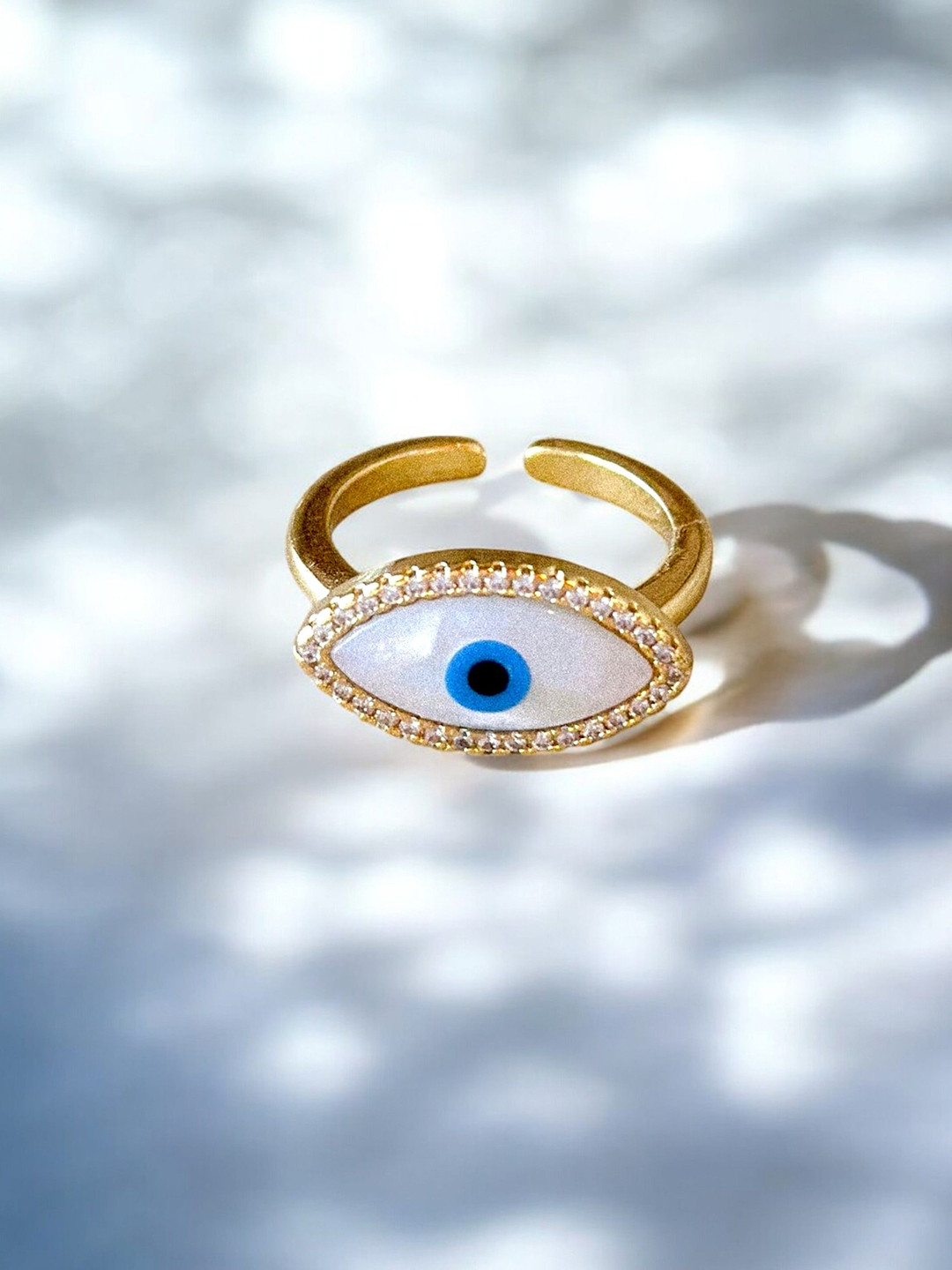 LUCKY JEWELLERY 18K Gold-Plated Artificial Stones-Studded Adjustable Evil Eye Finger Ring