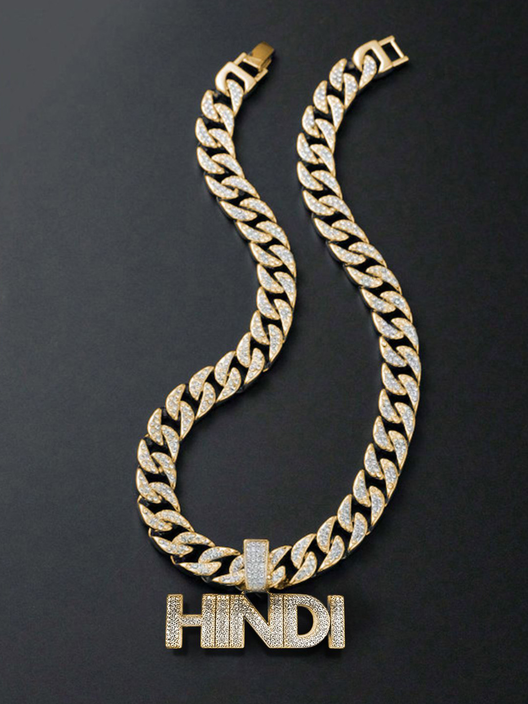 FIMBUL Men Stainless Steel Gold-Plated Rinestone Studded Hindi Pendant With Chain