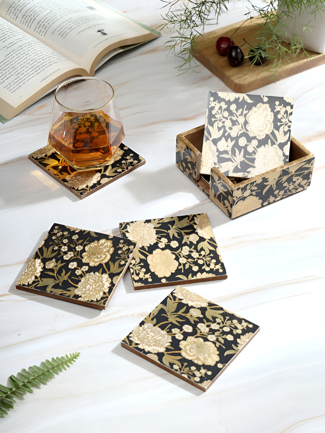 DULI Black And Cream 6-Pcs Floral Printed Enameled Square Wooden Coasters With Stand