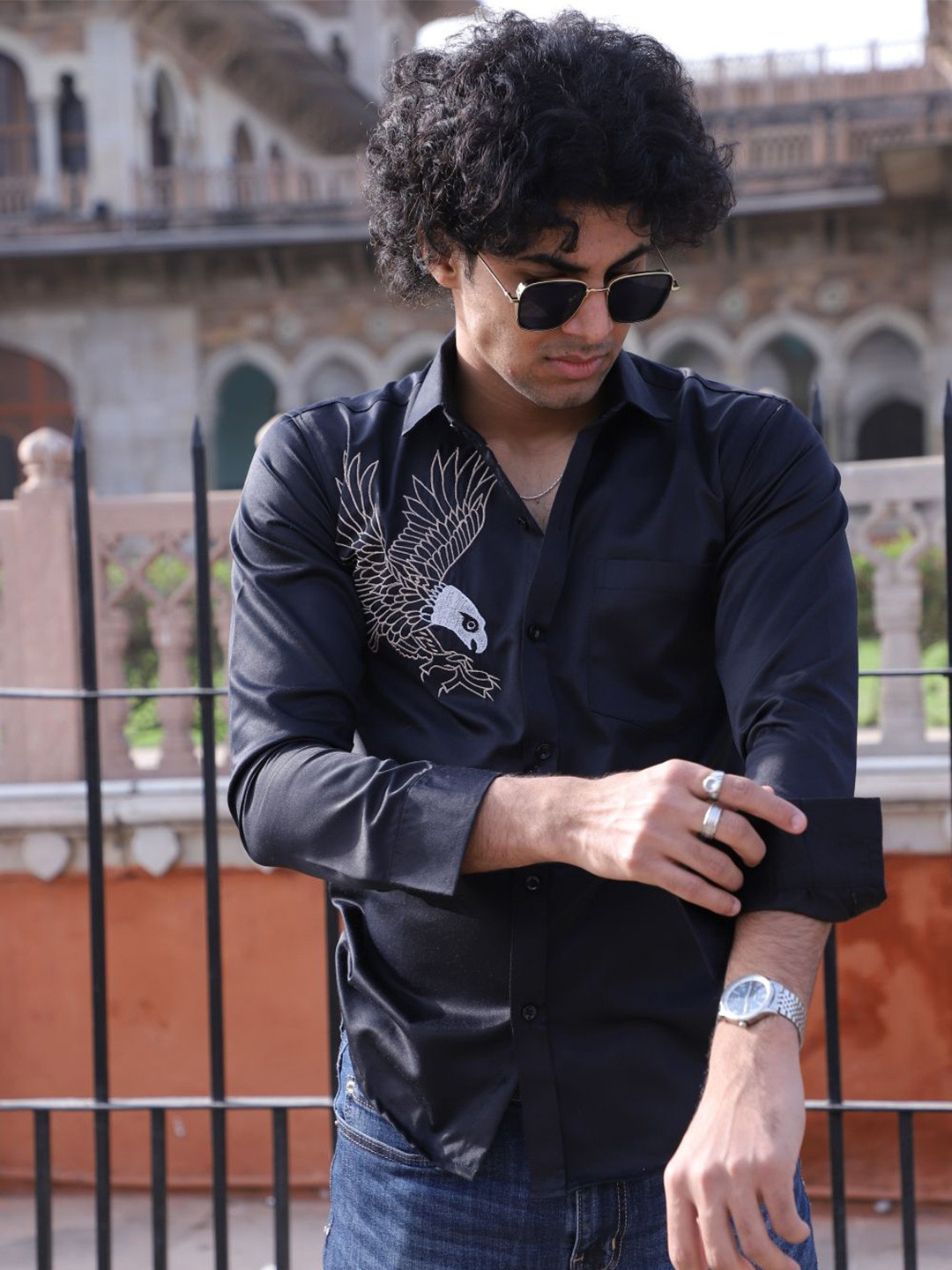 Who Wore Whhat Men Regular Fit Eagle Attack Embroidered Satin Casual Shirt