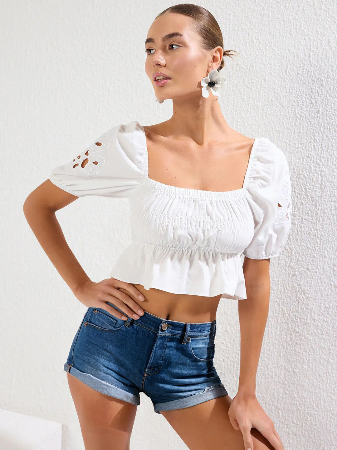 Trendyol Women Solid Smocking Blouson Crop Top