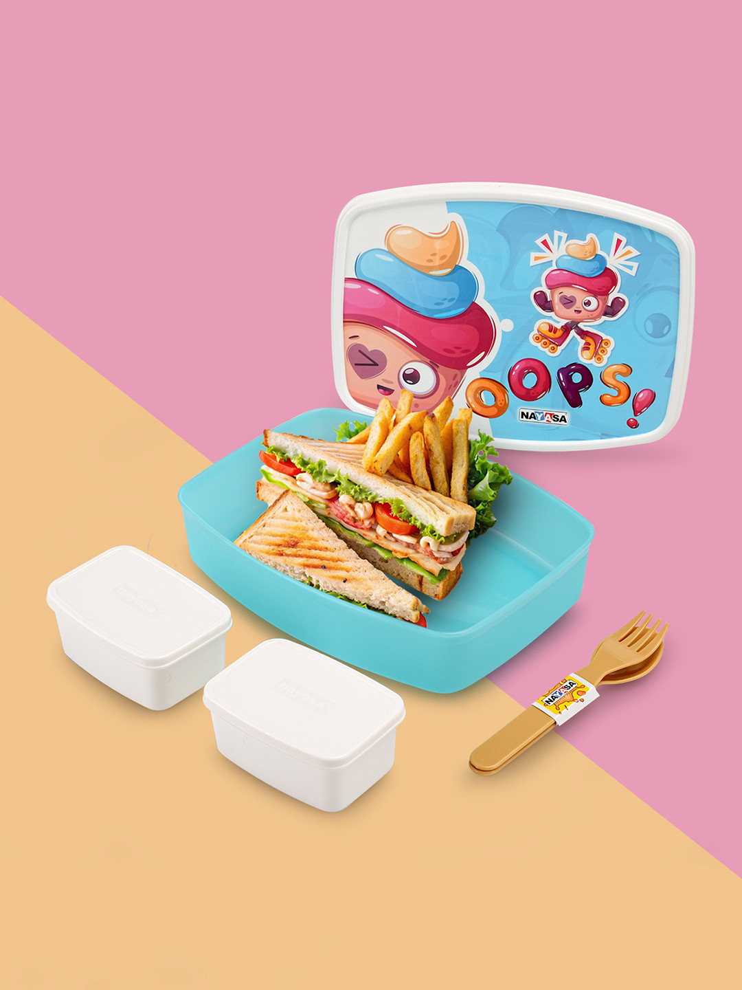 Nayasa Witty Deluxe Big Cupcake Print Easy to Clean 4PCs Lunch Box With Spoon and Fork