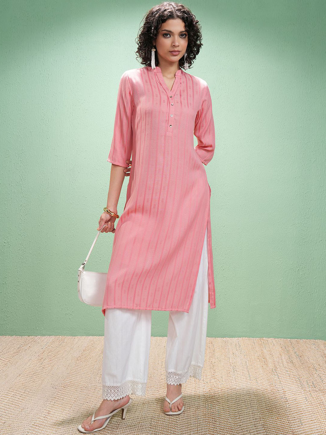 Vishudh Striped Mandarin Collar Straight Kurta