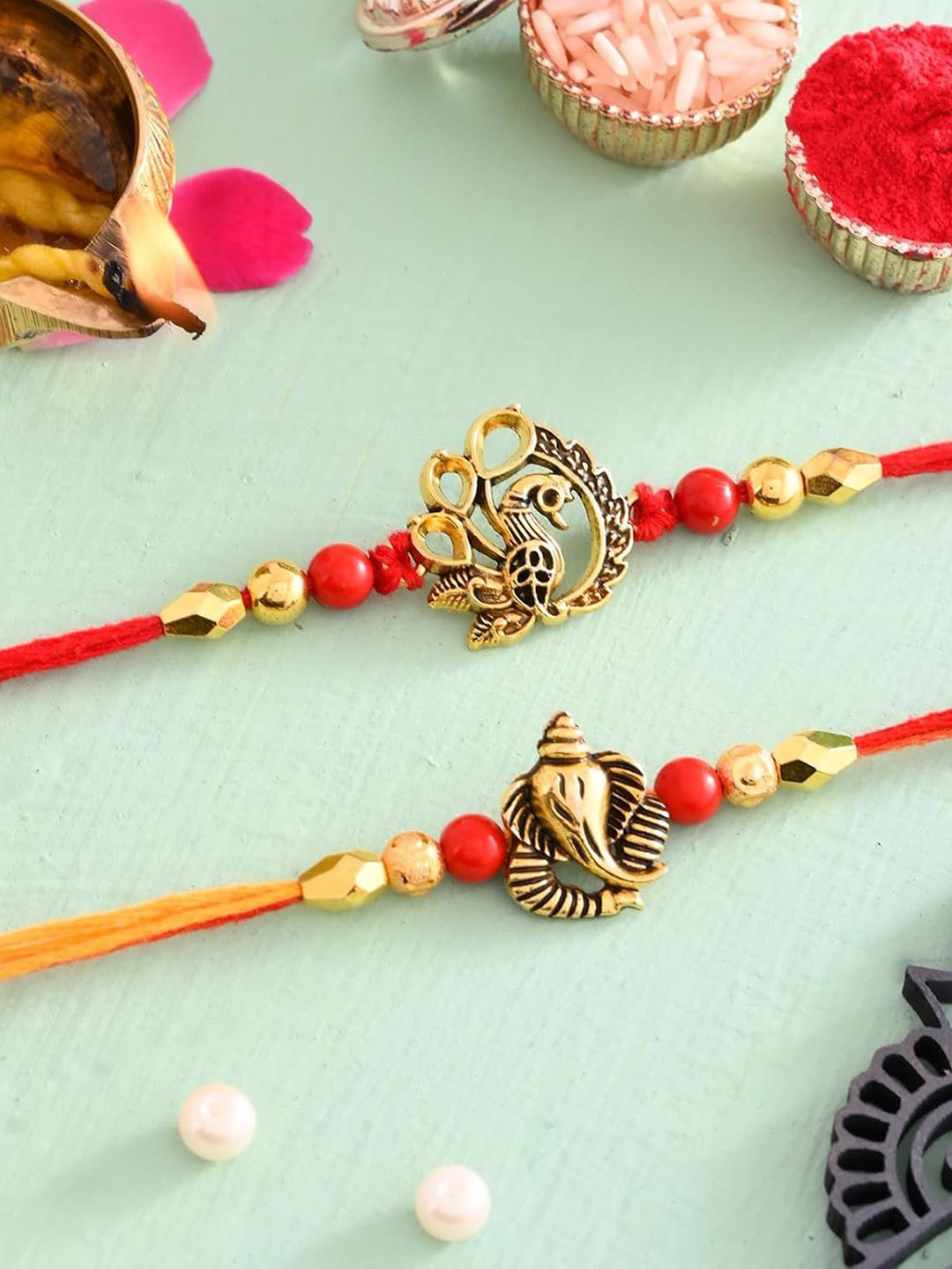 Ascension 2-Pcs Red Beaded Rakhi With Fridge Magnet & Roli Tilak