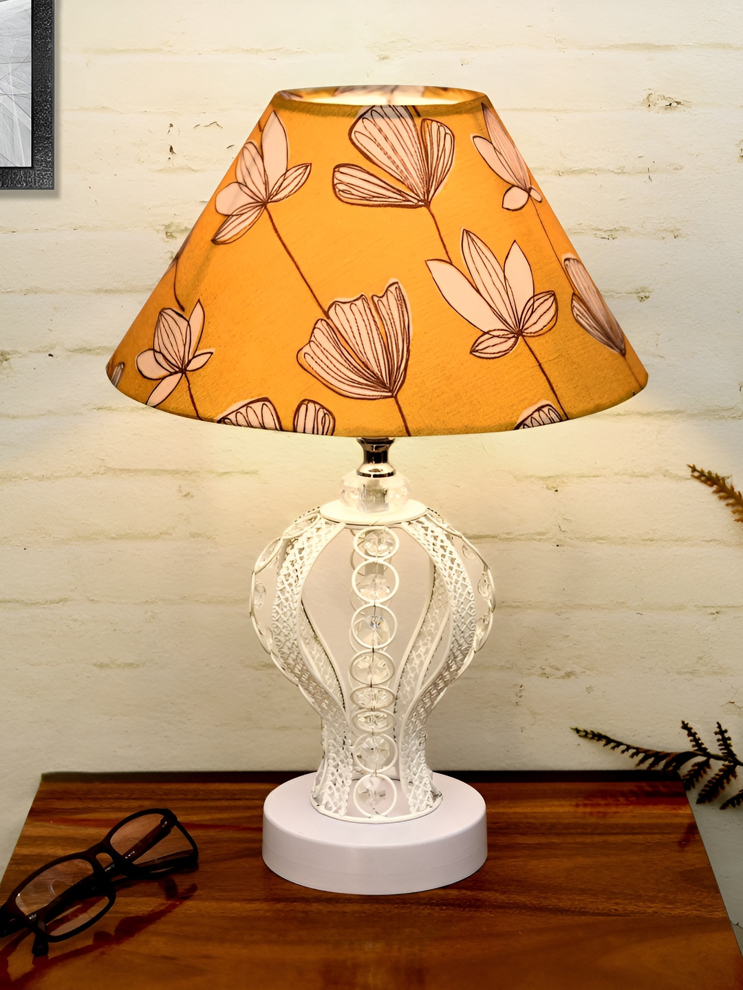 Homesake Off White Printed Metal Industrial Triangle Table Lamp