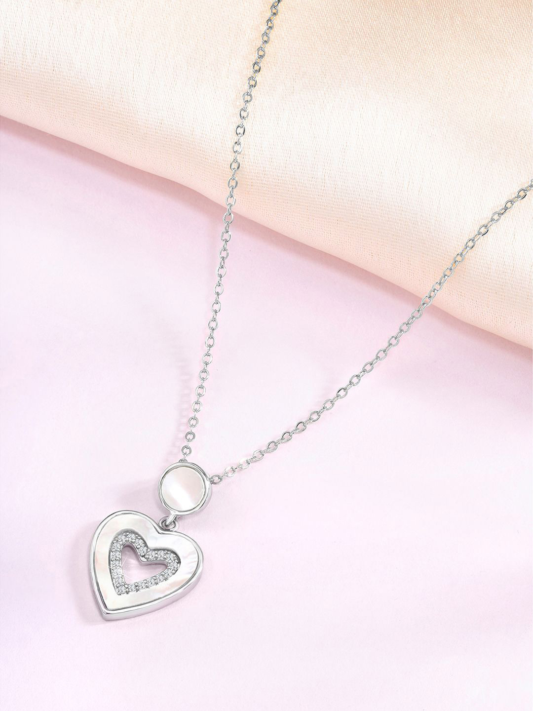 Peora Silver-Plated Cubic Zirconia Studded Heart Shaped Pendant With Chain And Rose