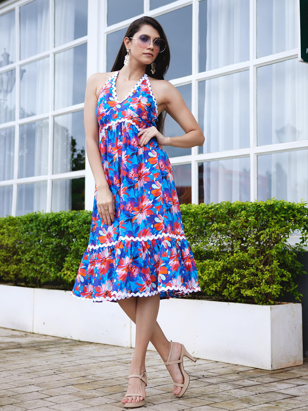 French Theory Women Floral Printed Lace-Up Fit and Flare Cotton Dress