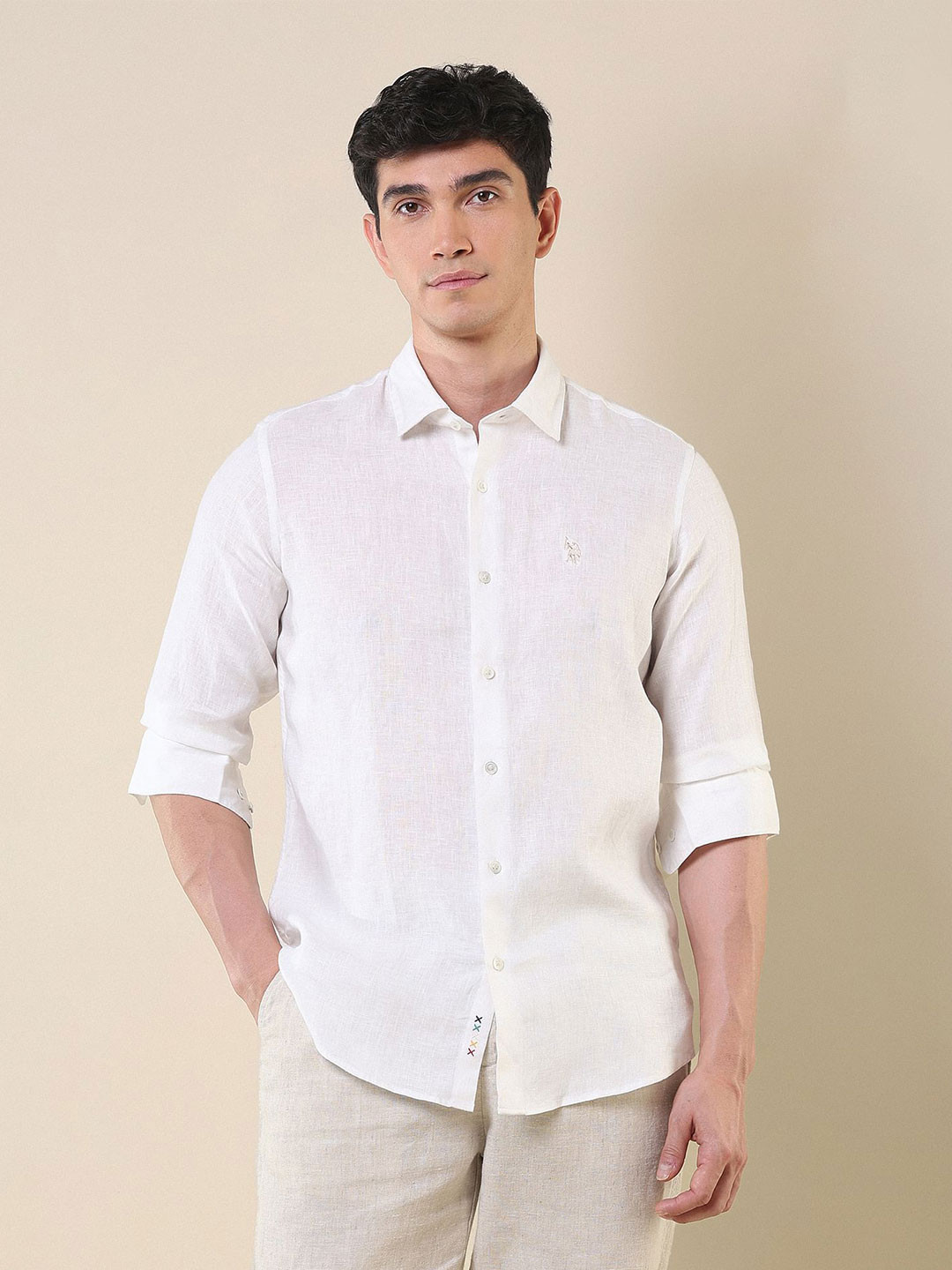 U.S. Polo Assn. X Pacho Men Tailored Fit Spread Collar Solid Pure Linen Casual Shirt