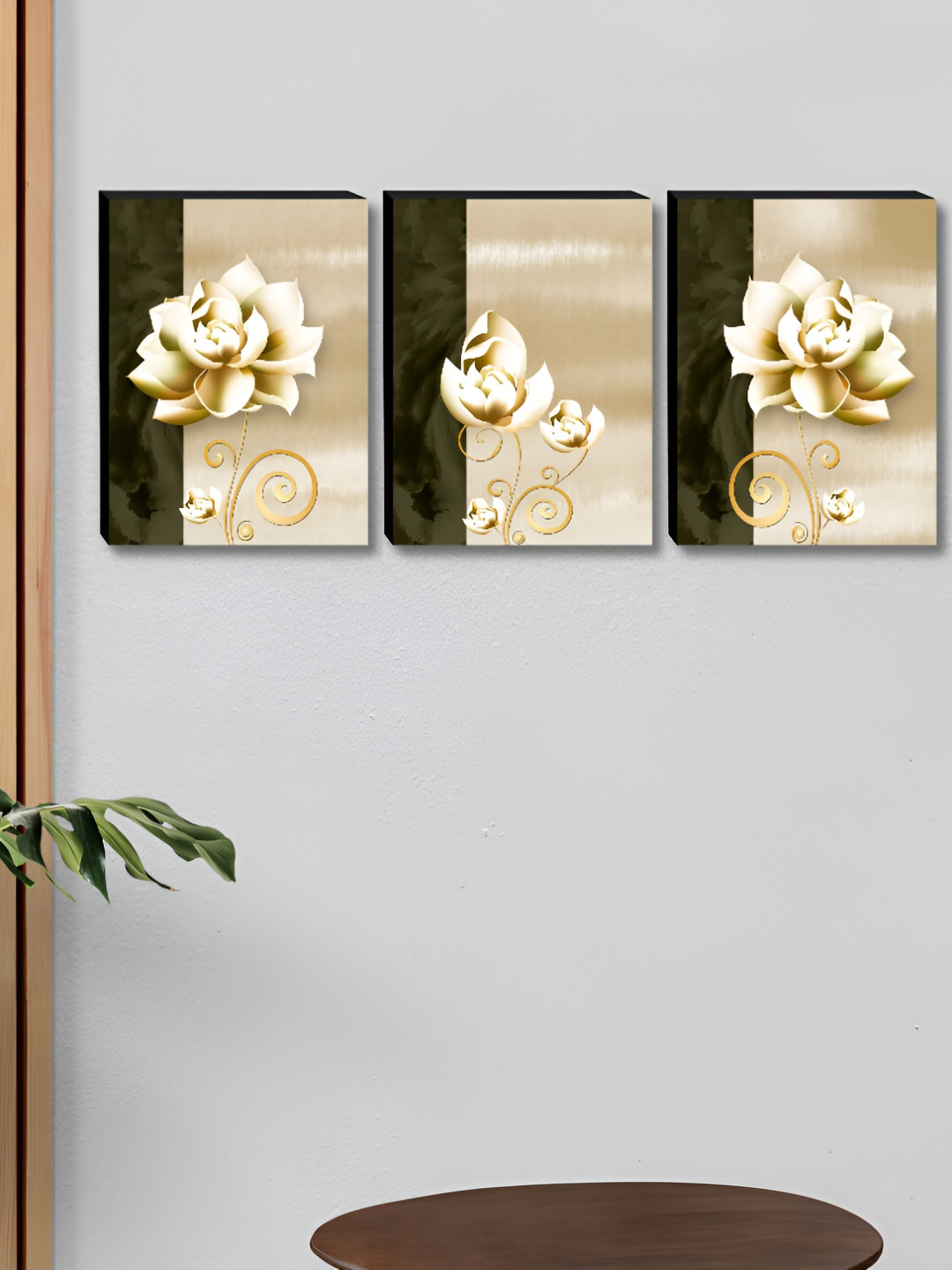 SAF 3 Pieces Olive Green Wood Flower Wall Paintings