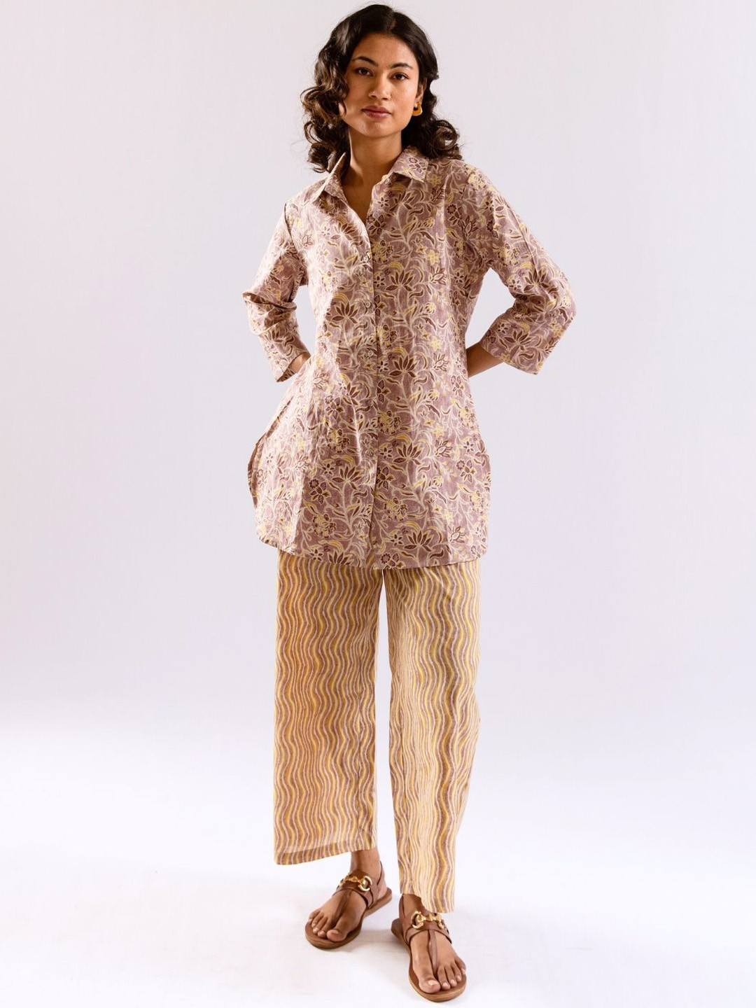 FEATHERS CLOSET Bloom Chill Pure Cotton Collar Shirt Co-Ord Set