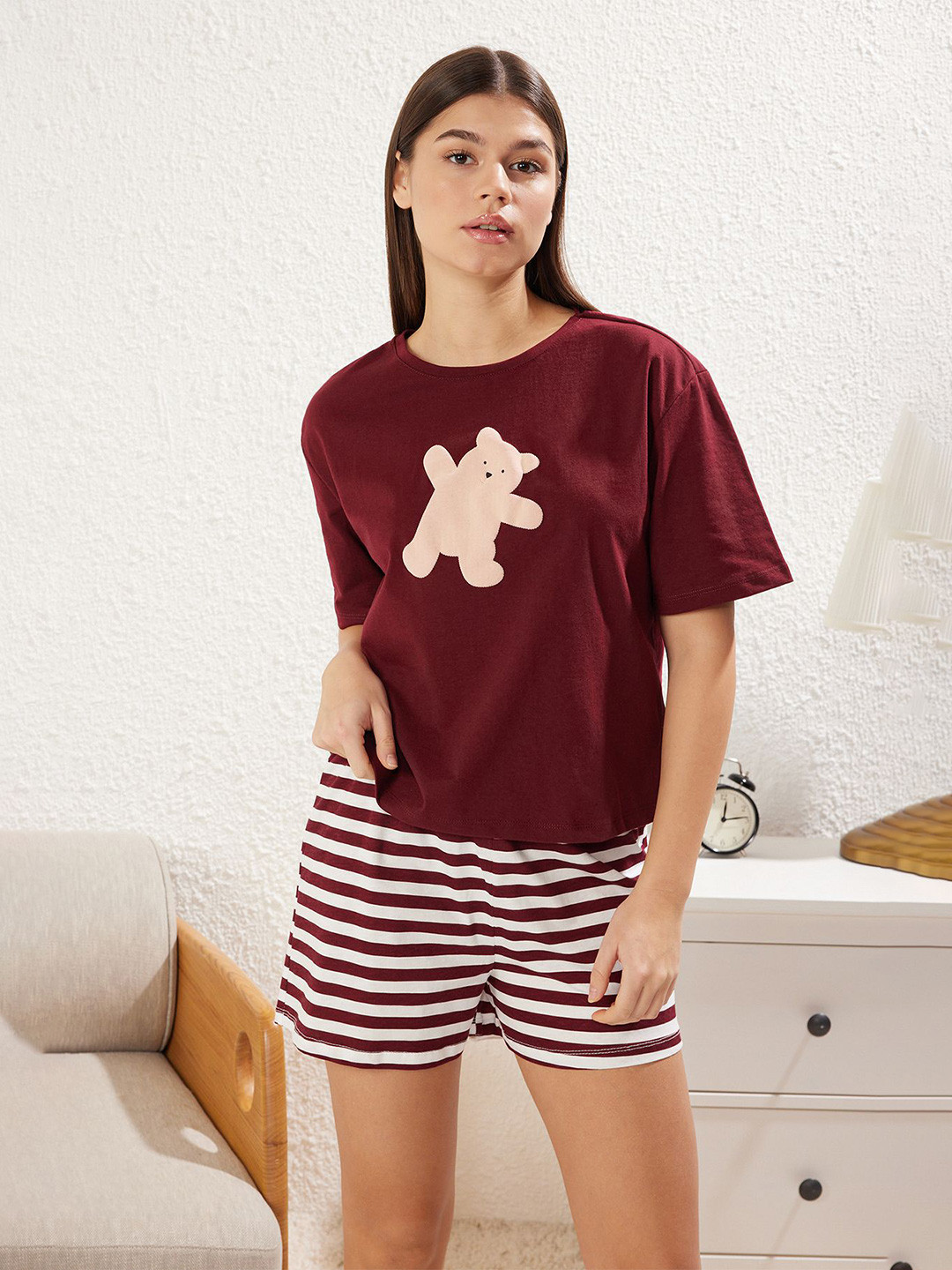Trendyol Bordo Women Striped Pure Cotton  Night Suit
