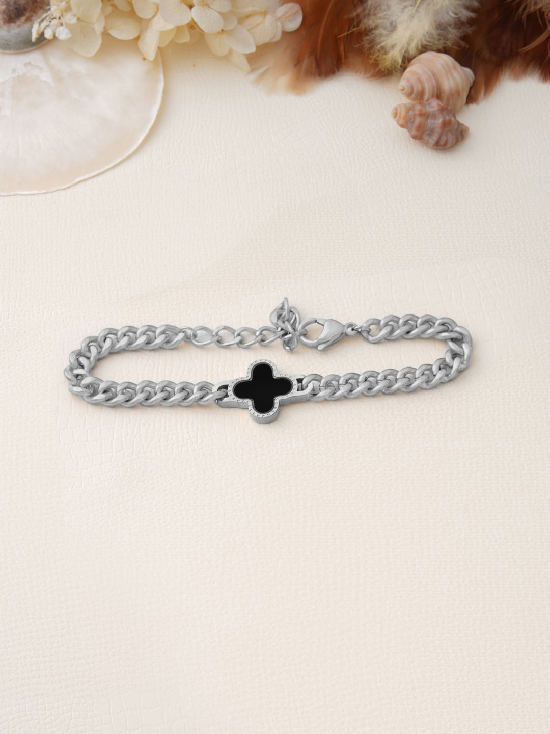 SWASHAA Men Stainless Steel Silver-Plated Clover Chain Link Bracelet