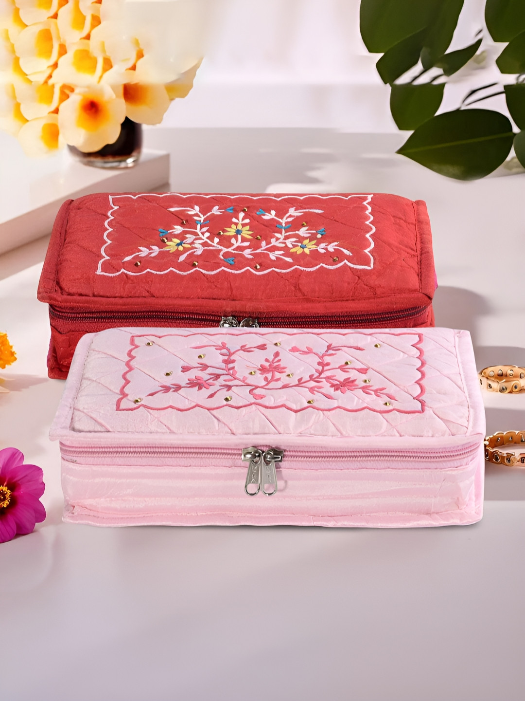 Myntra Elegant Homes Red & Pink 2 Pcs Jewellery Box 7-Compartments Travel Pouch Organisers