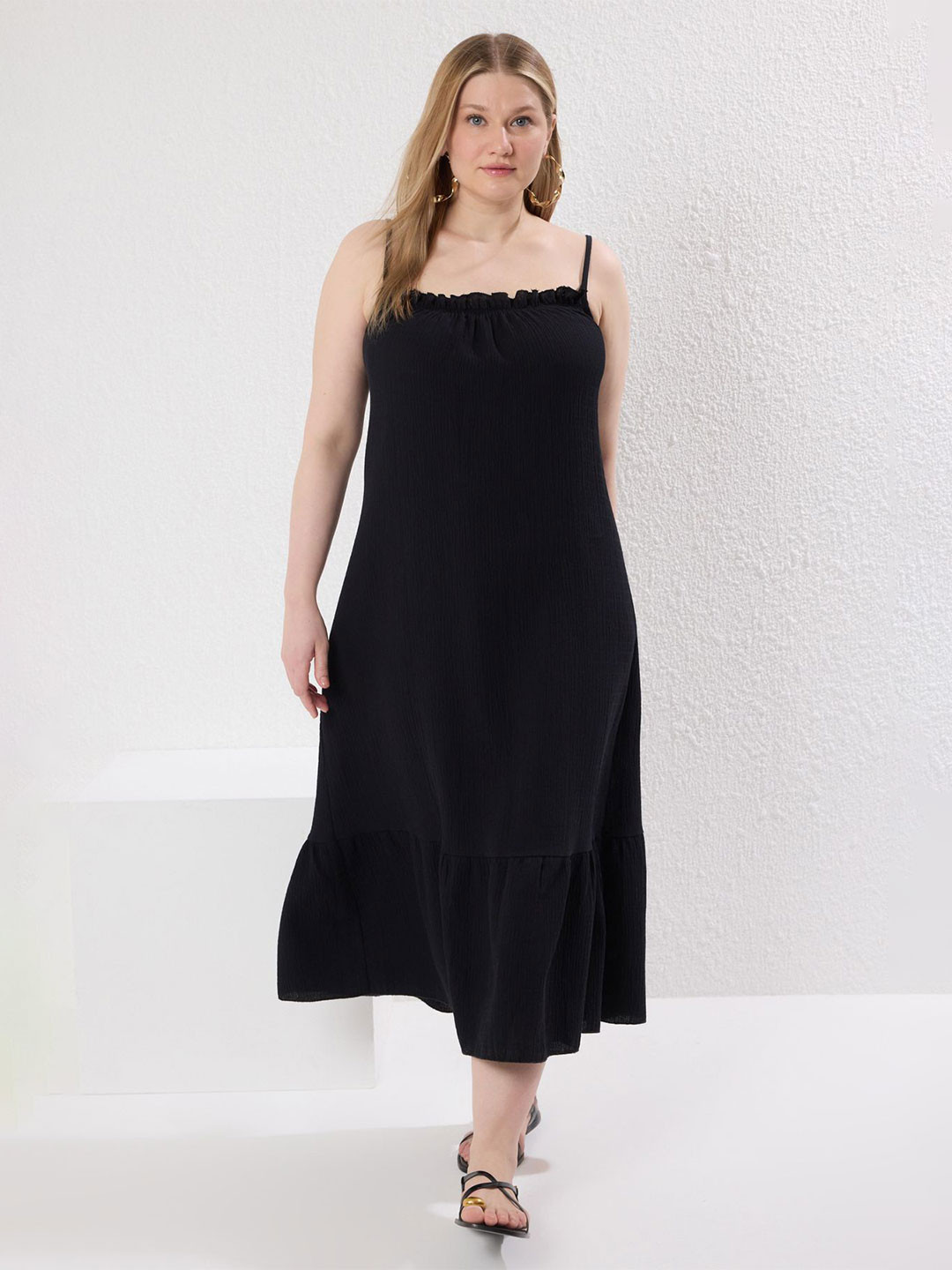Trendyol Shoulder Straps Ruffles Tiered A-Line Midi Plus Size Dress