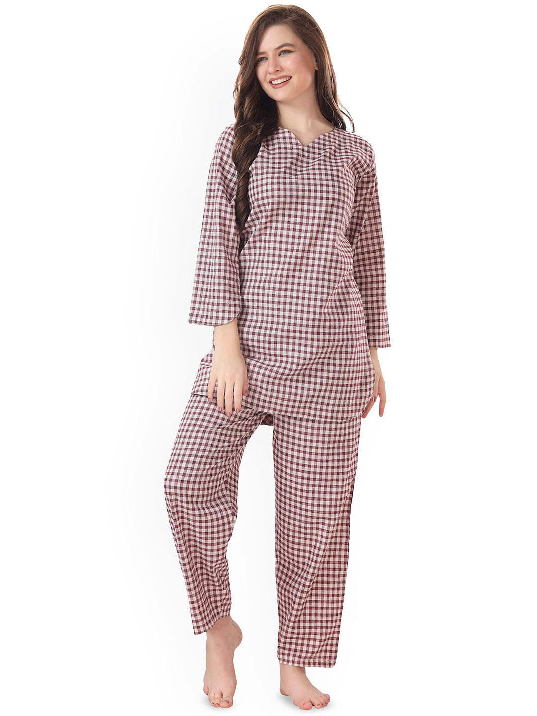 Piu Women Checked V-Neck Kurti & Pyjamas Organic Cotton Night suit