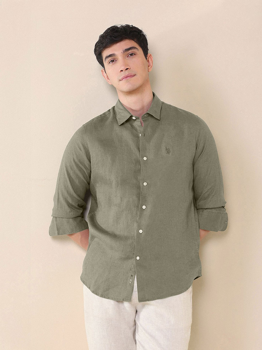 U.S. Polo Assn. X Pacho Men Tailored Fit Spread Collar Solid Pure Linen Casual Shirt