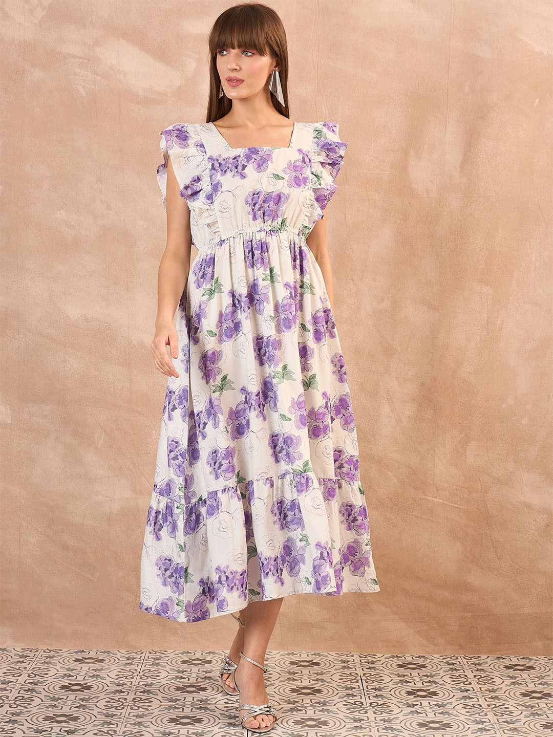 Routes by All About You Floral Print Square Neck Flutter Sleeve Linen Fit & Flare Midi Dress