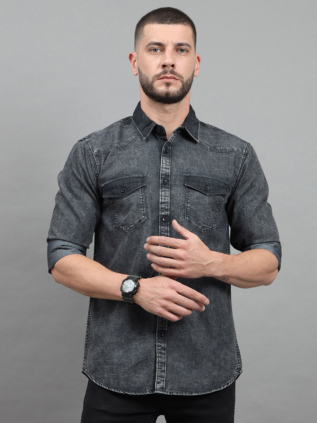 18 Plus Men Spread Collar Faded Denim Casual Shirt