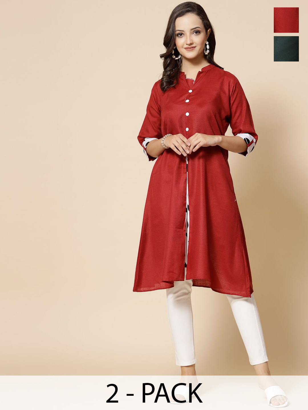 Moda Rapido Selection Of 2 Mandarin Collar Roll-Up Pure Cotton Sleeves A-Line Kurtas
