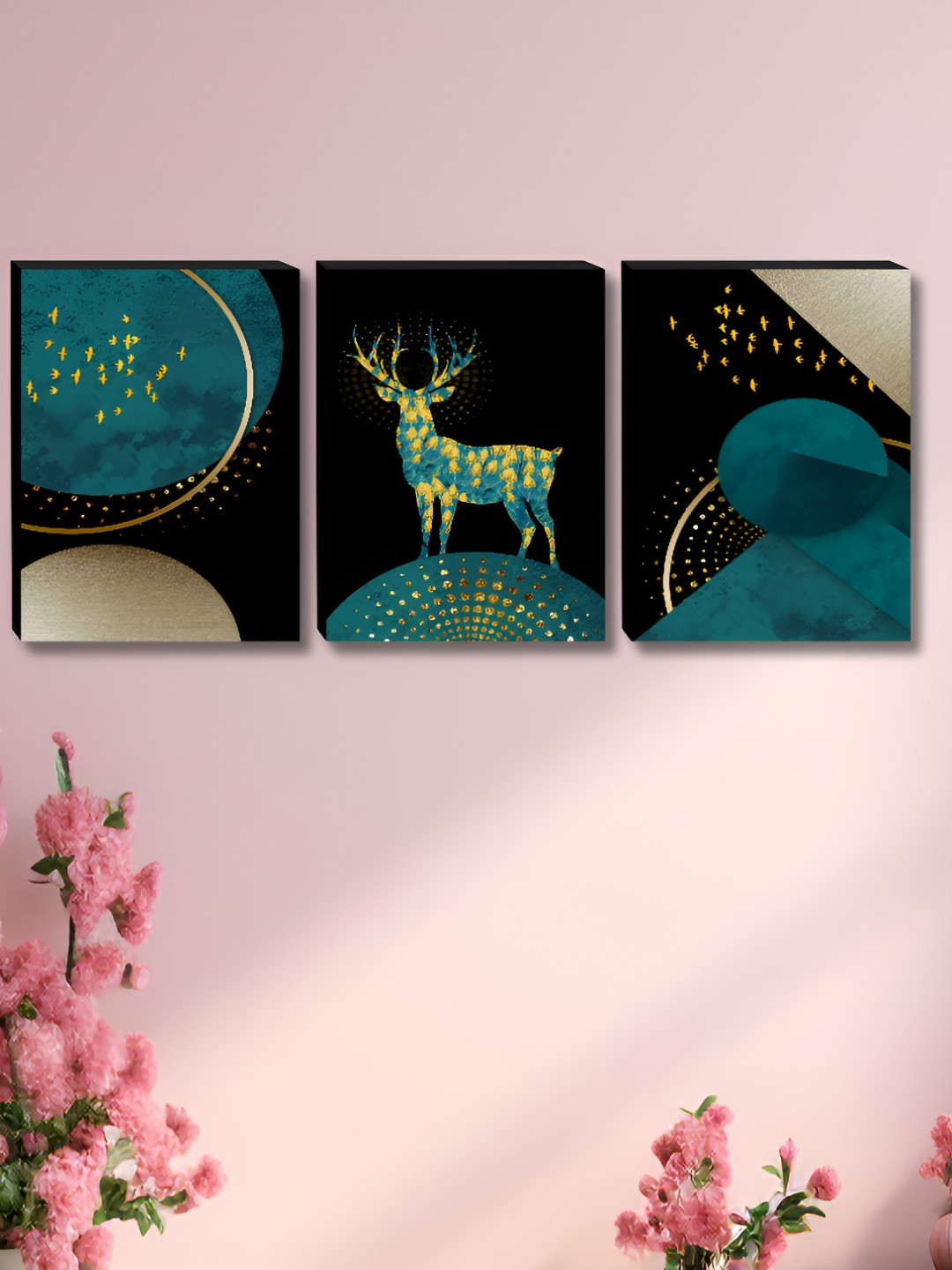 SAF Deer Wood 3 Piece Wall Rectangle Paintings Wall Art -24 x 12In