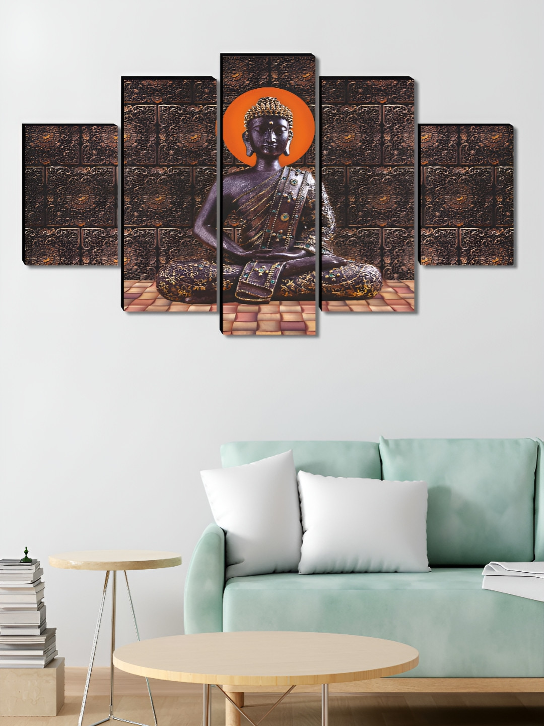SAF Buddha Wood 5 Piece Wall Rectangle Paintings Wall Art