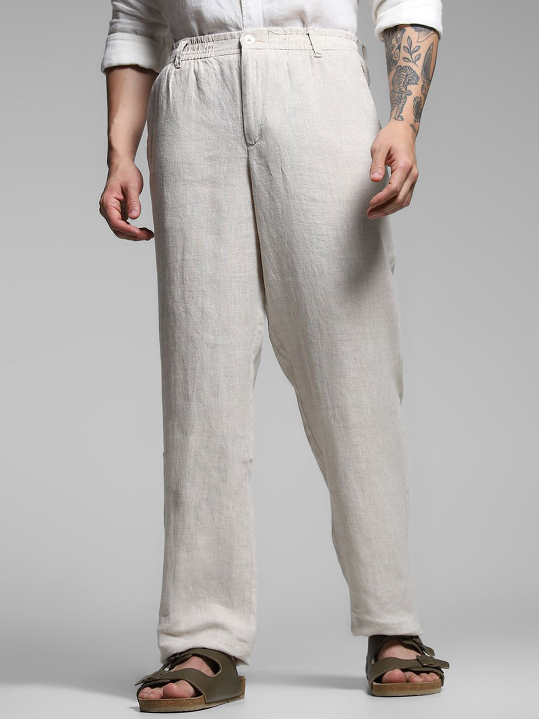 Jack & Jones Men Linen Mid-Rise Slim Fit Chinos Trousers