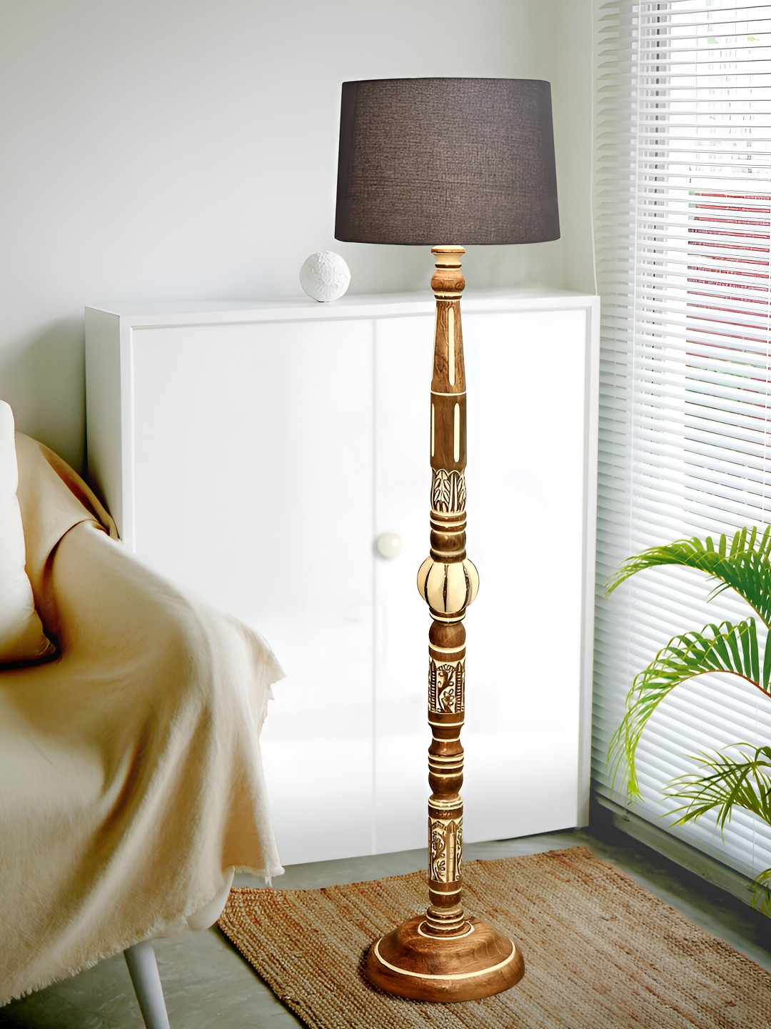 Homesake Royal Carving Grey & Brown Antique White Finish Wooden Floor Lamp With Shade