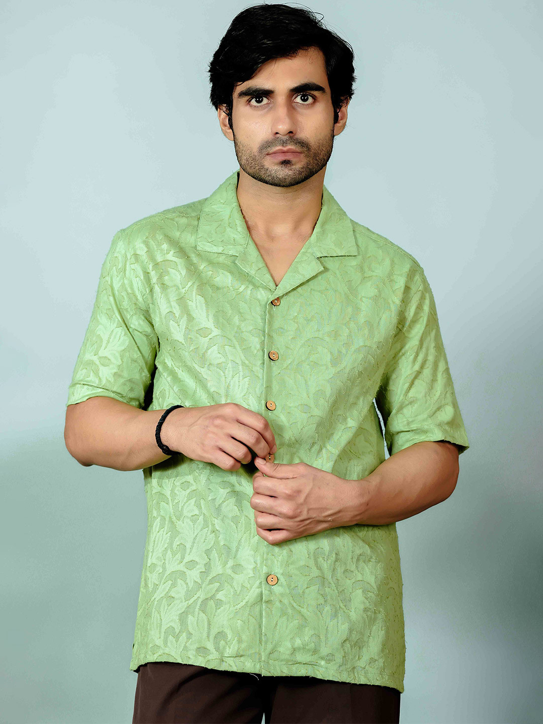 Shortscape Men Standard Fit Cuban Collar Textured Cotton Casual Shirt